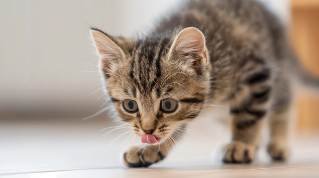 Striped tabby kitten walks across board while licking nose