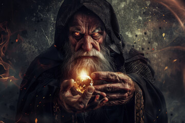 A wise elderly man with piercing eyes holds a glowing orb, surrounded by magical, mystical elements, portraying a profound sense of ancient knowledge.