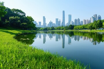 Fototapeta premium City Skyline Reflected in Park Lake