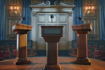 Three podiums with microphones in an ornate hall, ready for a debate or speech, evoking a sense of anticipation and importance.
