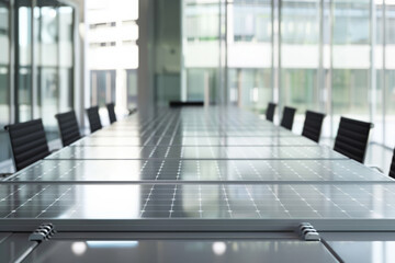A futuristic, eco-friendly conference table with built-in solar panels stands in a sunlit, glass-walled room adorned with greenery.