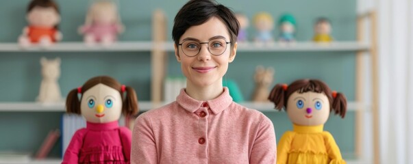Smiling female teacher in a modern classroom setting using colorful puppets to engage and inspire primary school students during a creative and interactive learning session