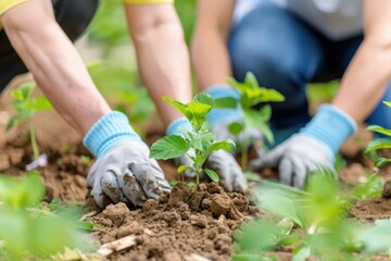 Fototapeta premium People Planting Young Seedlings in Garden