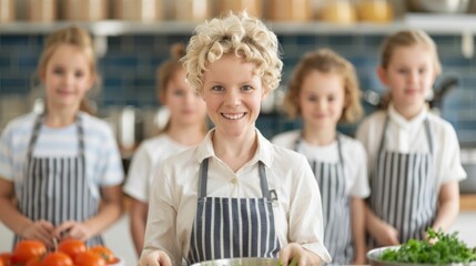 Primary teacher guiding a group of young students through a simple cooking activity in the classroom promoting practical skills hands on learning and engaging educational experience