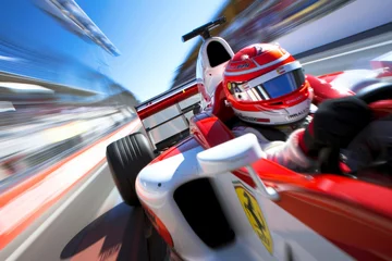  A dynamic shot of a Formula 1 car racing down the track, the blurred background emphasizing speed and intensity of the motorsport. © Victor Bertrand