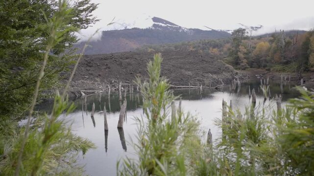 Scenic view of Laguna Arcoiris on a cloudy day in Conguillio National Park, Araucania Region, Chile