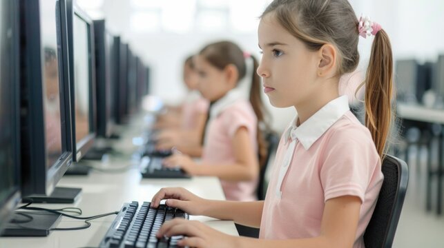 Primary school teacher guiding group of students in computer lab teaching them basic computer skills and digital literacy technology in modern educational setting