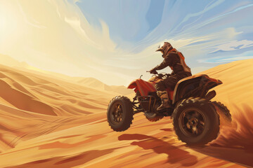 An ATV rider expertly carves through the vast, sunlit sand dunes, leaving a trail of dust behind under a brilliantly blue sky.