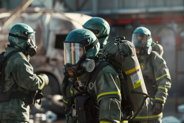 Hazmat crew members in green suits on duty, engaged in a serious operation, surrounded by debris and the somber aftermath of an incident.