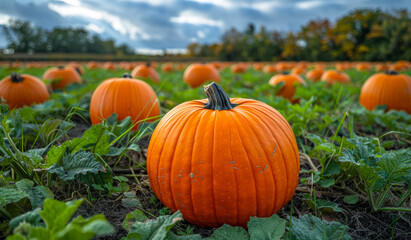 Pumpkin Patch in Fall. A close-up of a ripe orange pumpkin in a field of pumpkins.