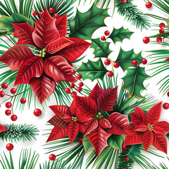 Seamless 3D holiday pattern with poinsettias, pine needles, and holly berries on a white background 3