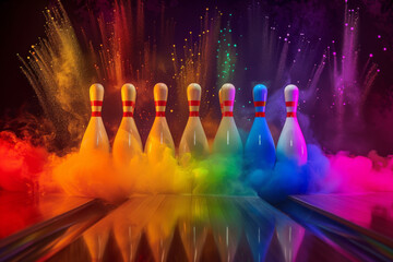 A vibrant and dynamic neon-lit bowling alley scene with colorful pins surrounded by swirling smoke, exuding energy and excitement.