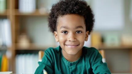 Fototapeta premium A cheerful curly haired boy intently focused on learning mathematics