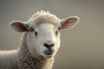 Obraz premium A close-up of a sheep looks directly at the camera with soft, curly wool and a gentle, inquisitive expression.