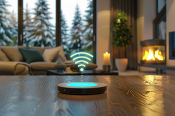 Fototapeta premium A smart home device emits a digital signal in a cozy living room with a glowing fireplace and large windows showing a snowy forest.