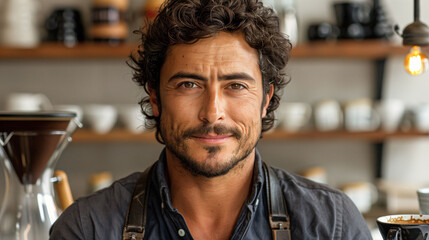Fototapeta premium A confident barista with curly hair and a charming smile, wearing an apron in a cozy coffee shop. The background features shelves with coffee cups and brewing equipment