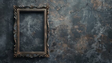 Empty vintage picture frame on a textured, aged, dark blue wall background, conveying a sense of history and mystery.