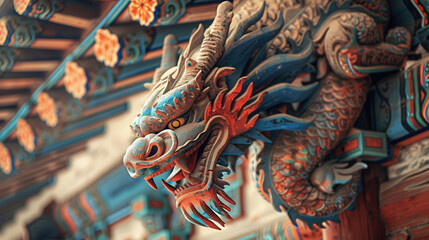 A detailed photograph of a Korean traditional dragon head sculpture, intricately carved wooden details, vibrant colors of red