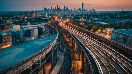 Modern urban industrial landscape with curved train tracks and skyscrapers