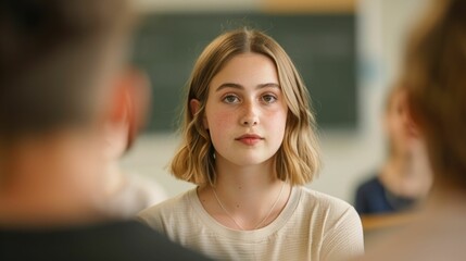 Portrait of a focused young woman leading a group discussion about literature critical thinking and academic development in a classroom setting
