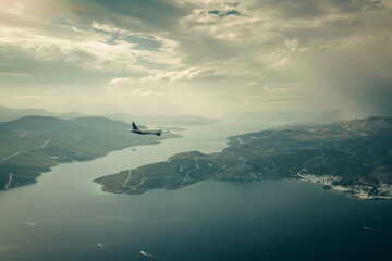 A solitary airplane soaring over a vast landscape of islands and ocean, captured from an aerial perspective.