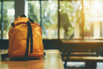 Obraz premium A sunny classroom with a bright yellow backpack on a desk, symbolizing the anticipation and optimism that comes with a new school day and learning adventure.