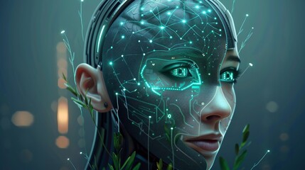 A digital depiction of a human face integrated with futuristic AI and technological elements, glowing orange eyes.