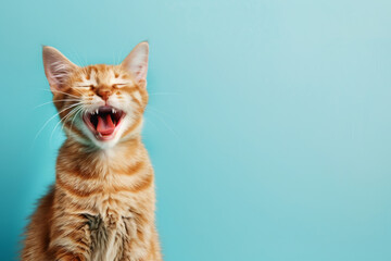 Obraz premium A ginger kitten with closed eyes and mouth wide open, seemingly laughing, against a bright blue background, encapsulating a joyful moment.