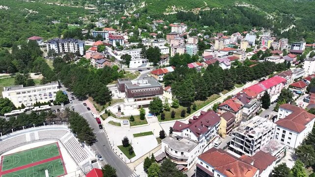 Albania, Tropoj&euml; city Bajram Curi, spring panoramic