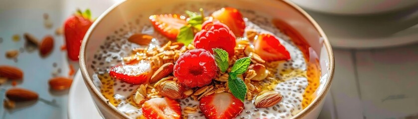Healthy breakfast bowl with chia pudding, fresh strawberries, raspberries, almonds, and mint leaves, served on a light background.