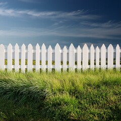 White picket fence with lush green grass in the foreground and a clear blue sky with fluffy white clouds in the background.
