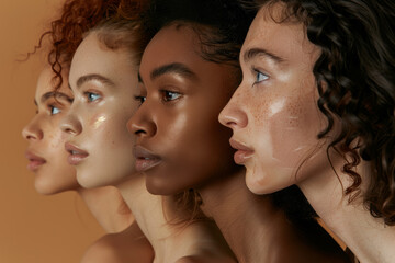 Obraz premium Four diverse women with glowing skin pose in profile against a warm backdrop, celebrating natural beauty and diversity.