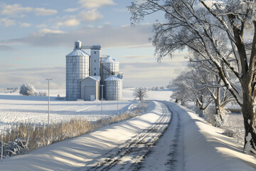 A snow-covered rural road leads to large silos under a cloudy sky, capturing the stillness of a wintry farm landscape.