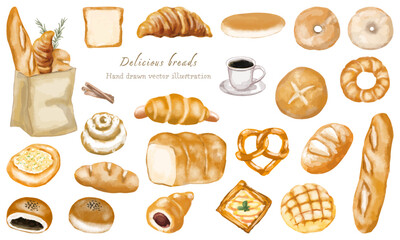 水彩でラフタッチに描いたいろんなパンのイラスト素材セット
