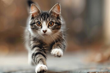 Naklejka premium A Curious Kitten With Striking Yellow Eyes Gazes Directly at the Camera While Running Towards the Vi