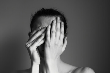 A grayscale photograph of a person covering their face with their hands, presenting a feeling of shyness and vulnerability.