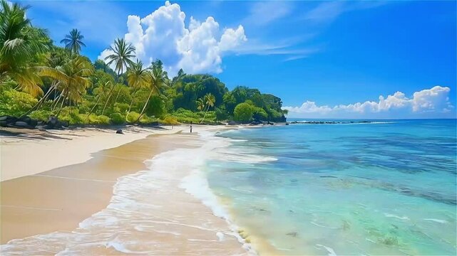 A beautiful beach with palm trees and a clear blue ocean. The beach is empty and the sky is cloudy