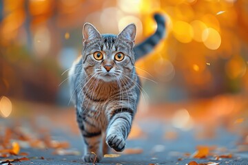 A Tabby Cat With Bright Yellow Eyes Walks Towards The Camera In An Autumnal Setting