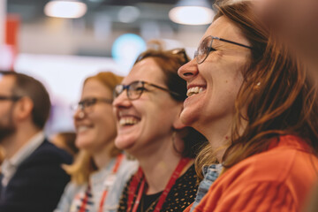 Obraz premium A group of people sharing a joyous moment at a conference, illustrating camaraderie and shared enthusiasm.