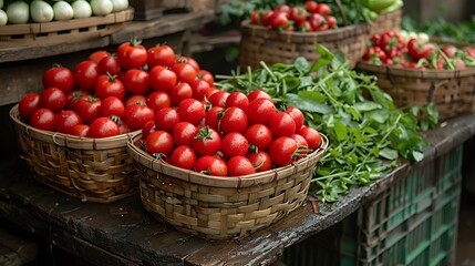 baskets of tomatoes and greens on a table.