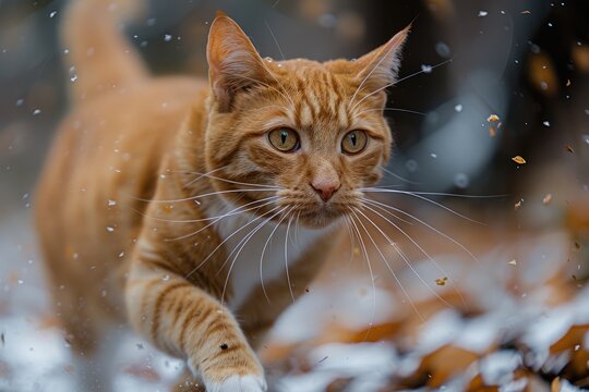 A Ginger Cat Staring Intently Through a Shower of Falling Leaves