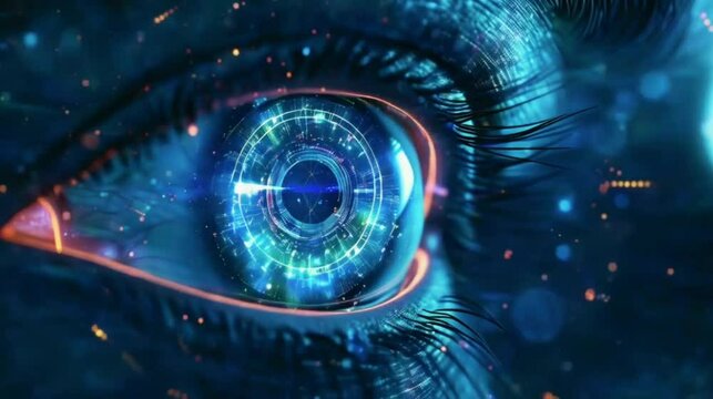 Human Eye with Digital Interface. A close-up of a human eye with a glowing digital interface overlaid, representing a futuristic or technological concept. Seamless looping video background animation. 