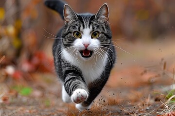 A Black and White Cat Running Through Autumn Leaves