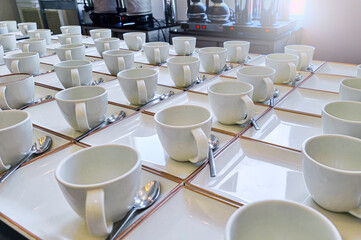 Abstract background cup of esspresso coffee on table. Glass of cappucino coffee breakfast in restaurant