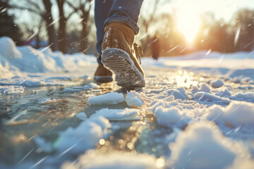 A person’s boot crunches through icy snow, surrounded by glistening sunlight, capturing the essence of a cold winter day.