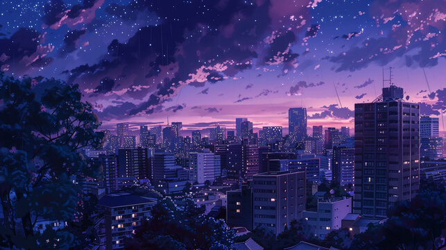 Chill lo-fi vibes with a night skyline and purple hues, inspired by manga and anime.