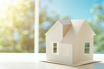 A paper model house bathed in soft sunlight, set against a blurred, lush green background, symbolizing dreams of home and simplicity in natural surroundings.