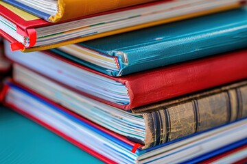 A close-up of a stack of textbooks with subjects like math, science, and history, ready for the new school year