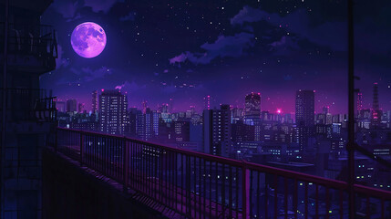 Chill lo-fi vibes with a night skyline and purple hues, inspired by manga and anime.