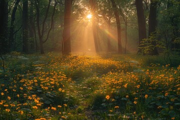 Obraz premium Sunbeams Illuminate a Forest Path Lined with Golden Wildflowers